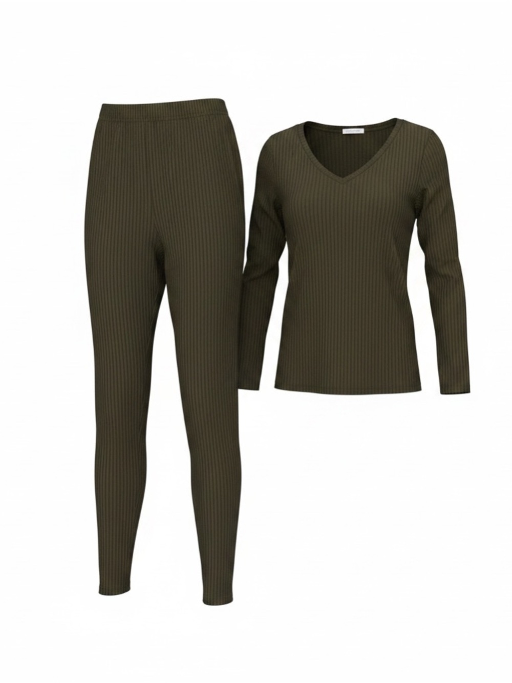 Olive Green Ribbed 2 Piece Lounge Set Long Sleeve Top & Leggings Size Large